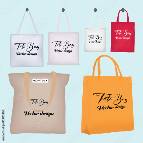 Collections of reusable eco friendly tote bag vector mock up design. A set of multicolor shopping bag arts and illustrations for grocery and supermarket business. Fashionable modern bags design.