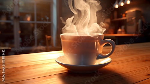 Steaming coffee in a white ceramic cup on a wooden table
