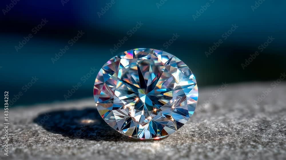 Close-up of a faceted round cut diamond gemstone reflecting light, placed on textured gray stone against dark blue background Close-up of a faceted round cut diamond gemstone reflecting light, placed on textured gray stone against dark blue background