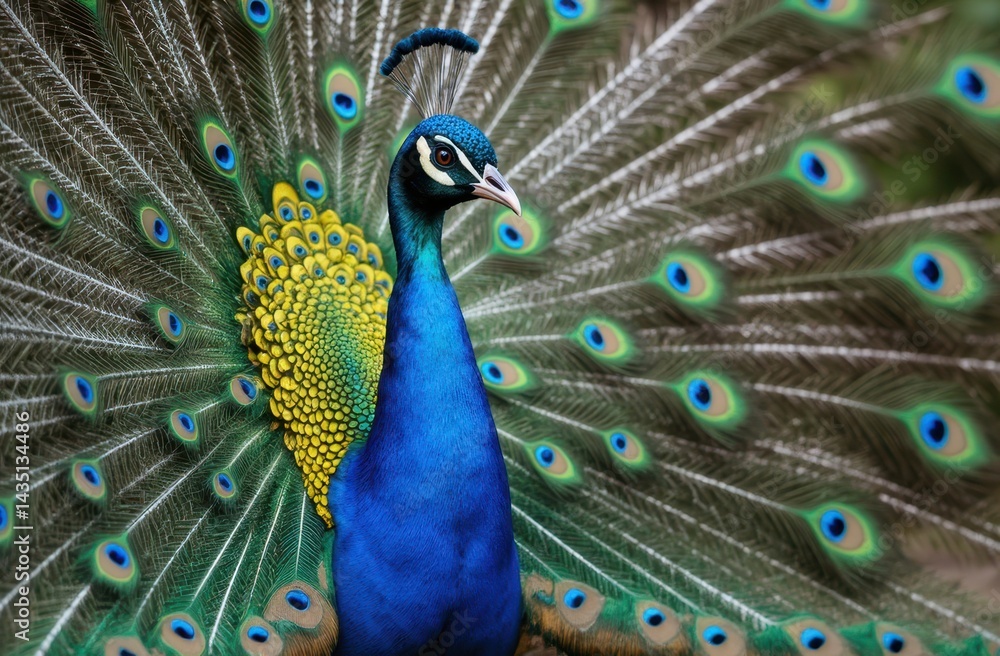Obraz premium image of an Indian Peafowl (Peacock) with its magnificent tail feathers fully extended, displayed in all their vibrant glory