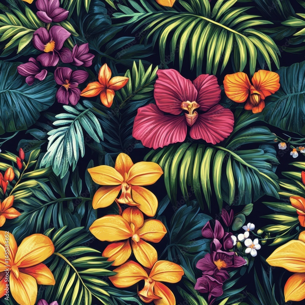 A vibrant tropical jungle pattern with ferns, heliconia flowers, and orchids, colorful and detailed A vibrant tropical jungle pattern with ferns, heliconia flowers, and orchids, colorful and detailed