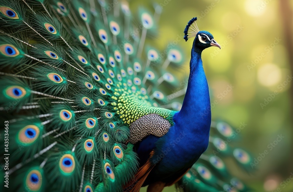 Obraz premium image of an Indian Peafowl (Peacock) with its magnificent tail feathers fully extended, displayed in all their vibrant glory