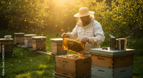 Fototapeta Naklejka Na Ścianę i Meble -  Golden Honey Harvest A Beekeeper Tends to Hives in Warm Sunlight Extracting Sweet Nectar from Honeycombs