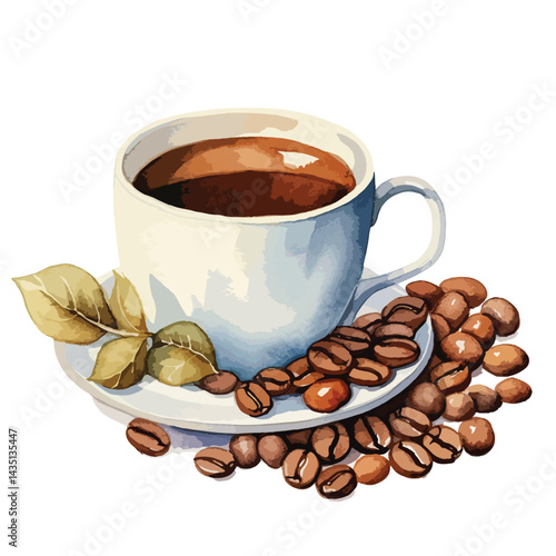 coffee cup with coffee beans around_it cute watercolors illustration on white background