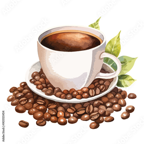 coffee cup with coffee beans around_it cute watercolors illustration on white background