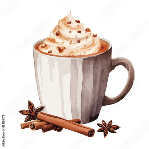 cup of cocoa topped with cinnamon cute watercolors illustration on white background