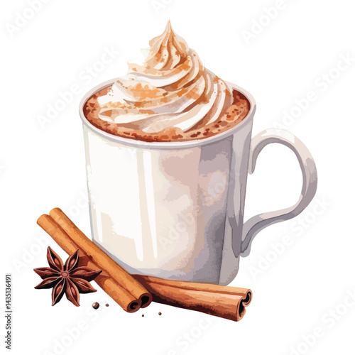 cup of cocoa topped with cinnamon cute watercolors illustration on white background