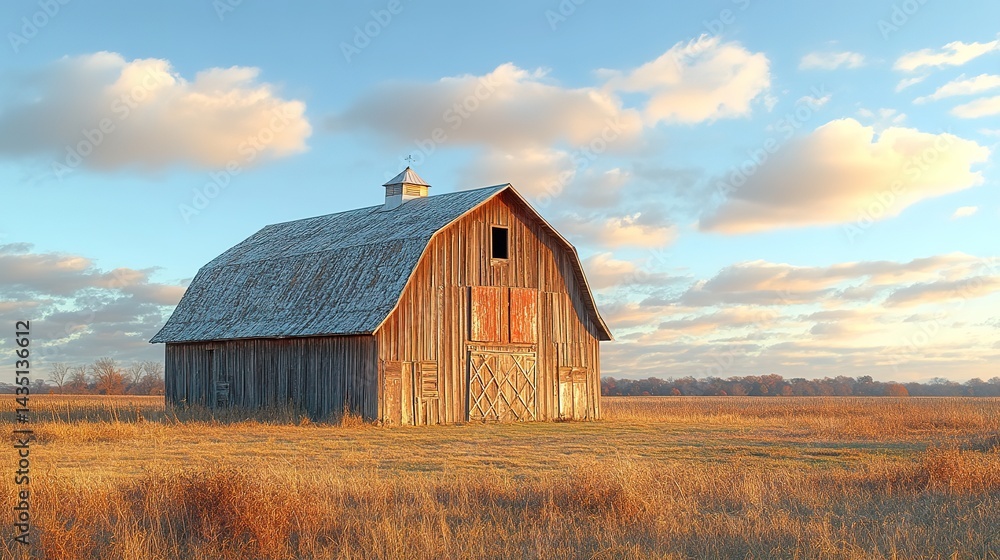 Rustic Barn at Golden Hour Under a Cloudy Sky