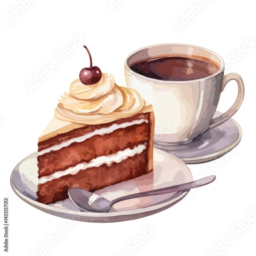 cup of cocoa with a slice of cake cute watercolors illustration on white background