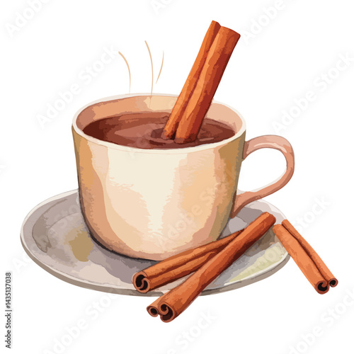 cup of eggnog with cinnamon sticks cute watercolors illustration on white background