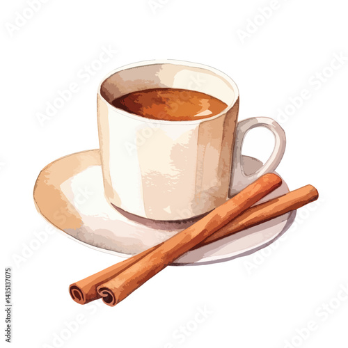 cup of eggnog with cinnamon sticks cute watercolors illustration on white background