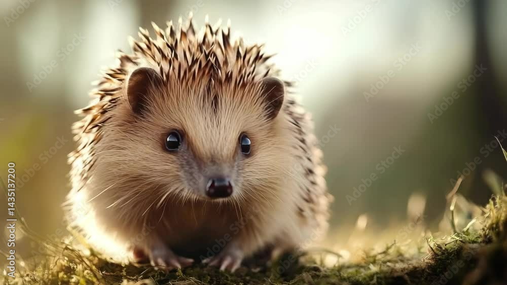 Close-up view of a small hedgehog sitting on mossy ground outdoors in soft, diffused sunlight, capturing the details of its brown and tan spines. Close-up view of a small hedgehog sitting on mossy ground outdoors in soft, diffused sunlight, capturing the details of its brown and tan spines.