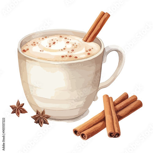 cup of eggnog with cinnamon sticks cute watercolors illustration on white background