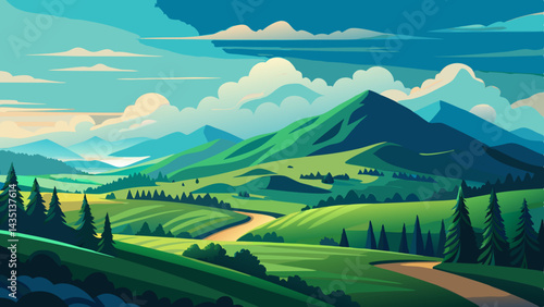 A summer panorama unfolds with green mountains meeting the sky