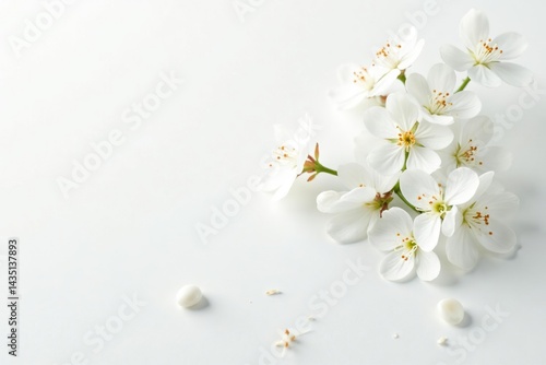 Delicate white blossoms against pure white backdrop, nature, fresh, organic