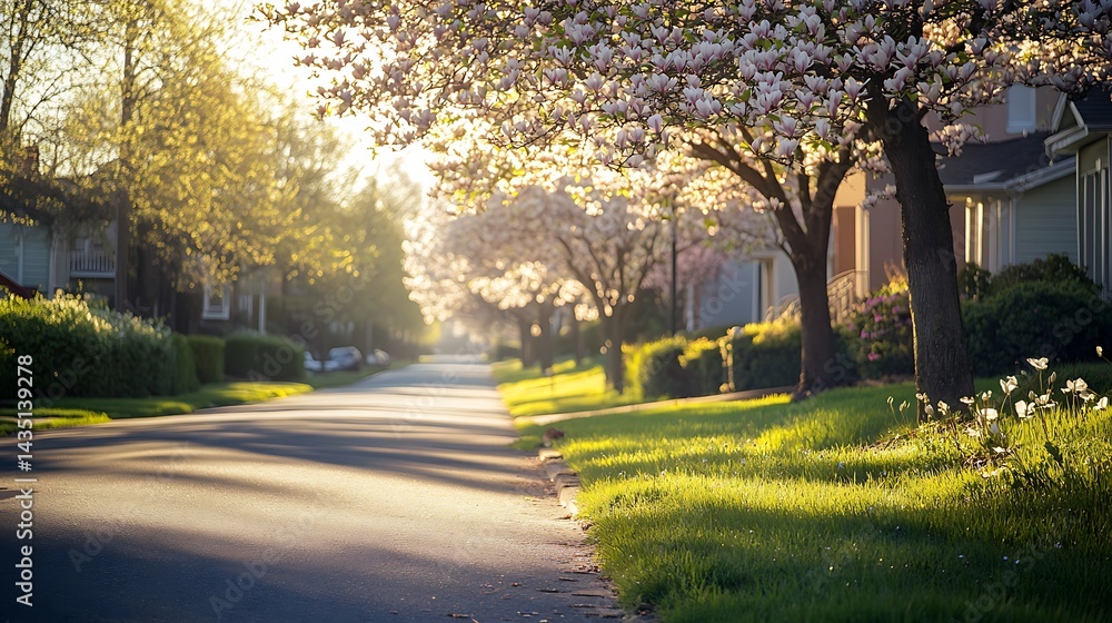 Obraz premium A sun-drenched suburban street lined with blossoming trees.