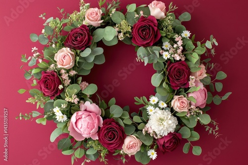Elegant wreath featuring deep crimson roses, pastel pink peonies, delicate white daisies, and fresh green foliage, arranged in a lush circular design, isolated on a bold ruby red background.