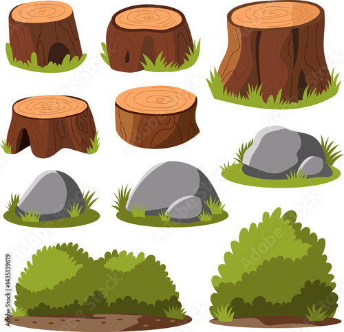 Nature's Elements Tree Stumps, Rocks, and Bushes - Vector Illustration Set