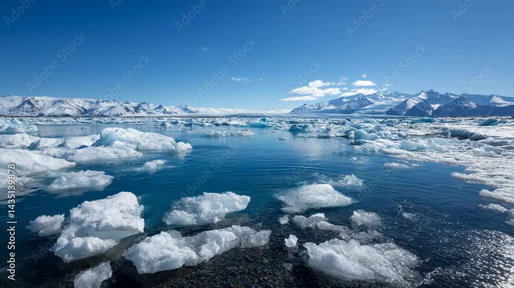Floating icebergs in glacial lagoon with snowy mountain peaks against clear blue sky. Reflections shimmer in cold water landscape. Floating icebergs in glacial lagoon with snowy mountain peaks against clear blue sky. Reflections shimmer in cold water landscape.