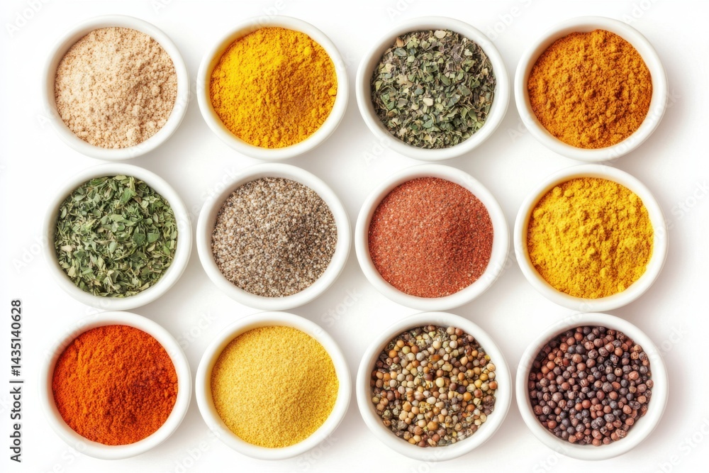Vibrant assortment of culinary spices in white bowls overhead shot showcasing diverse flavors and textures for cooking enthusiasts and food bloggers on a bright white background Vibrant assortment of culinary spices in white bowls overhead shot showcasing diverse flavors and textures for cooking enthusiasts and food bloggers on a bright white background