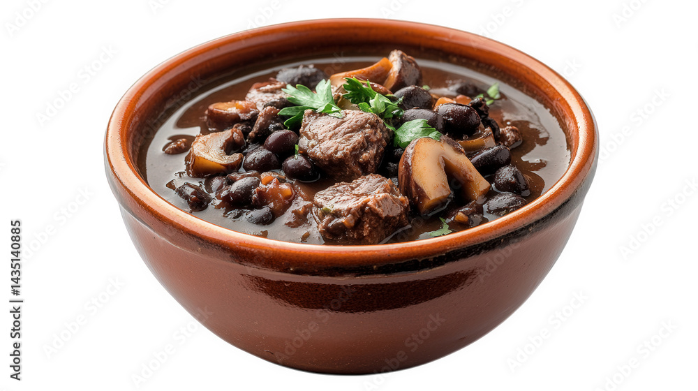 rich and hearty bowl of stew. showcasing tender pieces of meat. black beans. and mushrooms. garnished with fresh herbs the dish is served in a traditional brown ceramic bowl. emphasizing its comfortin rich and hearty bowl of stew. showcasing tender pieces of meat. black beans. and mushrooms. garnished with fresh herbs the dish is served in a traditional brown ceramic bowl. emphasizing its comfortin