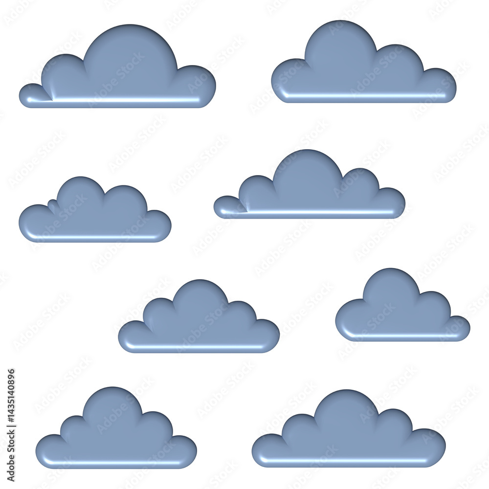Fototapeta premium Set of 3D Blue Cloud Icons Isolated on Dark Background