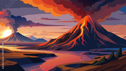 A red and orange sunset paints the mountain landscape with clouds as the evening dusk descends