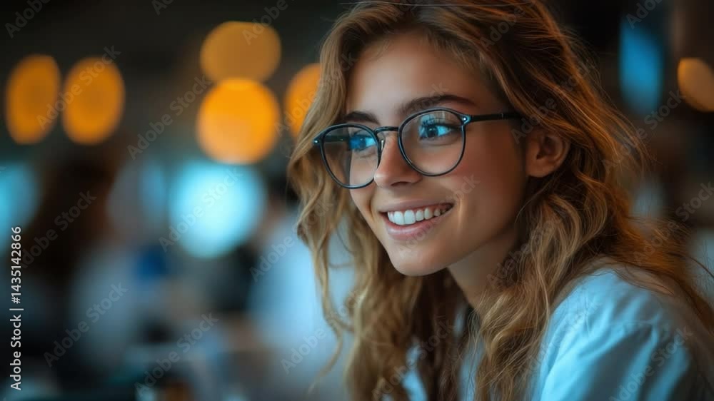 A close-up shot features a beautiful woman with glasses, her bright smile reflecting a mix of intelligence and approachability. A close-up shot features a beautiful woman with glasses, her bright smile reflecting a mix of intelligence and approachability.