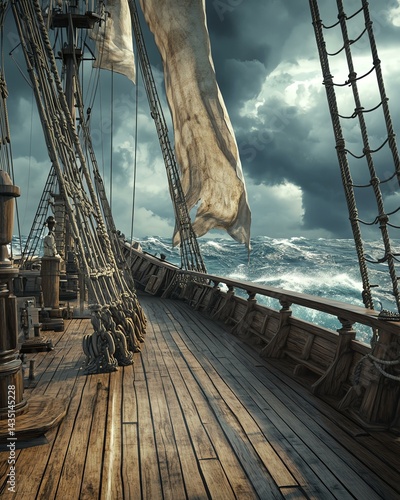 Old ship sailing across stormy seas.