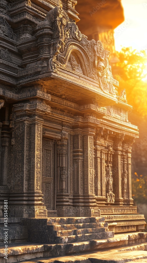 Fototapeta premium Intricate temple architecture illuminated by sunset.