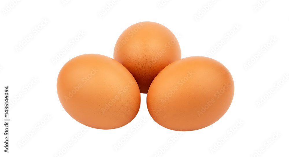 Trio of brown eggs perfectly arranged on a clean, pristine white background Trio of brown eggs perfectly arranged on a clean, pristine white background