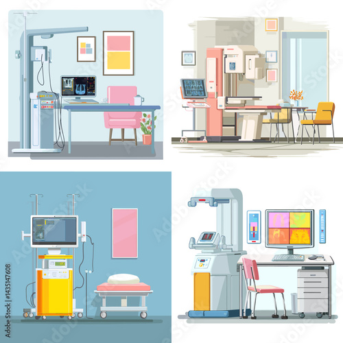 Set of cartoon medical diagnostic equipment and hospital rooms. Modern healthcare devices illustration for radiology, diagnostics, hospital interior, and medical technology themes.

