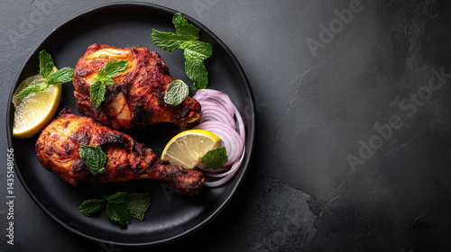 Chicken Tikka with Lime in Black Plate Food Setup
