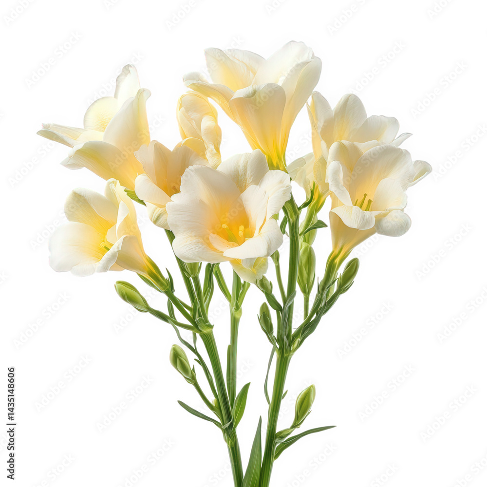 a bouquet of delicate yellow freesias. showcasing their elegant petals and vibrant green stems against a white background. perfect for decoration or gifting a bouquet of delicate yellow freesias. showcasing their elegant petals and vibrant green stems against a white background. perfect for decoration or gifting