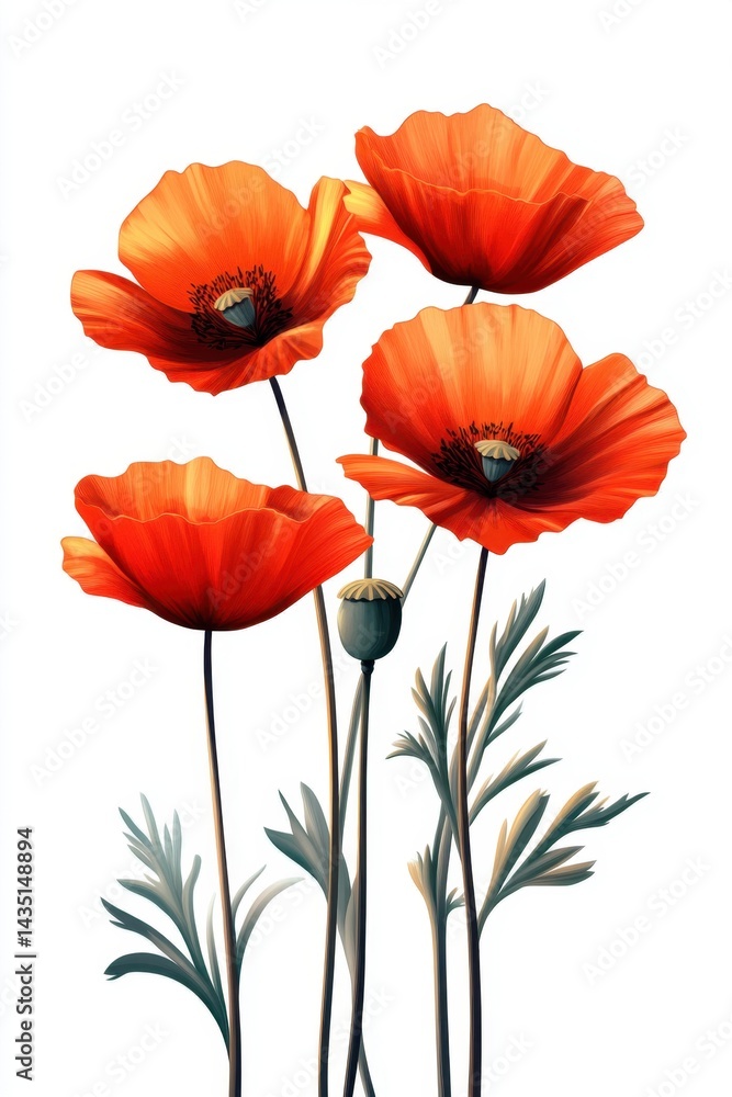 Fototapeta premium Vivid orange poppy blossoms on a white backdrop artistic rendering showcasing botanical beauty and floral elegance with a soft focus and a clean contemporary style