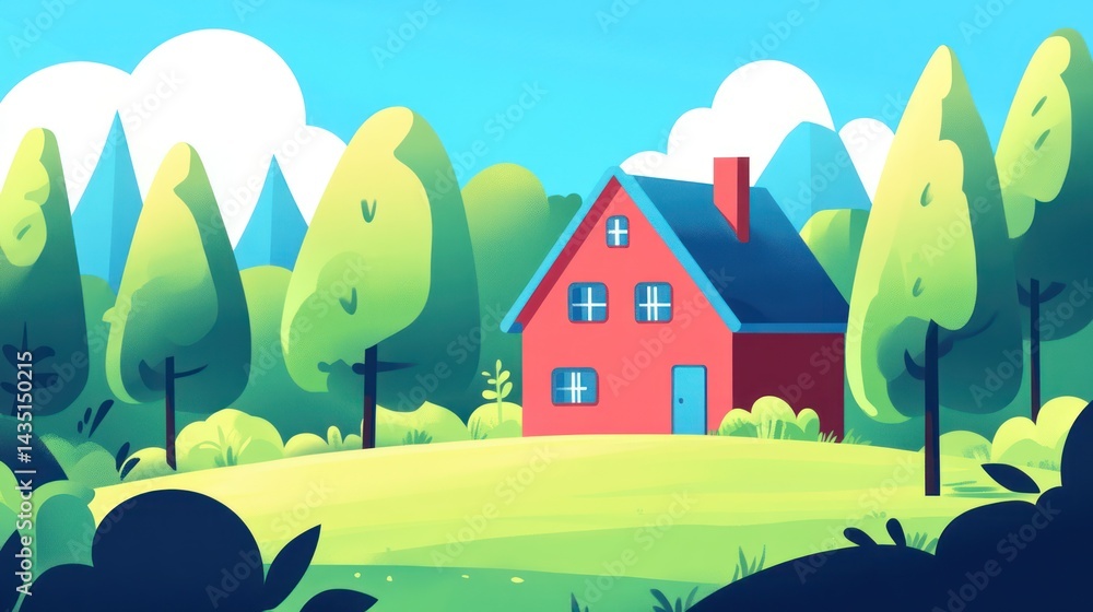 Naklejka premium Cartoon house in a lush green valley