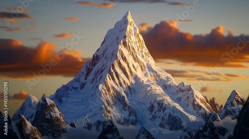Majestic snow-capped peak at sunset, dramatic clouds