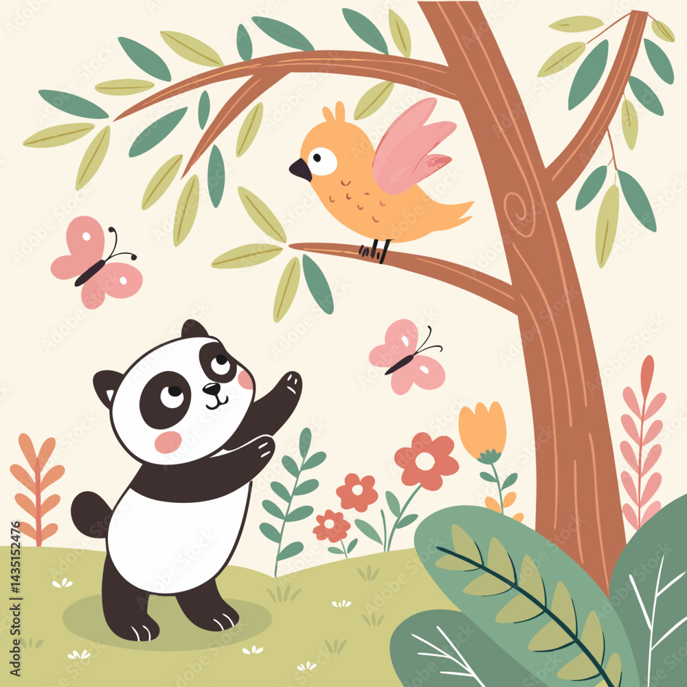 Fototapeta premium Adorable Baby Animals in Nature – Fun Cartoon Vector with Panda, Bear, Cat, and Birds for Child and Farm Themes