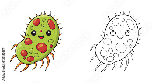 Friendly Microbe Duo: Two adorable microbe illustrations, one colored and one outlined, showcasing the playful side of the microscopic world.