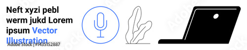 Microphone icon, abstract plant line art, and open laptop. Ideal for technology, podcasting, minimalism, productivity, remote work, design inspiration simple landing page