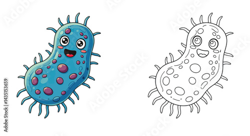 Microbe Illustration: A cheerful cartoon microbe with a vibrant blue body and spiky projections, exuding a friendly demeanor.
