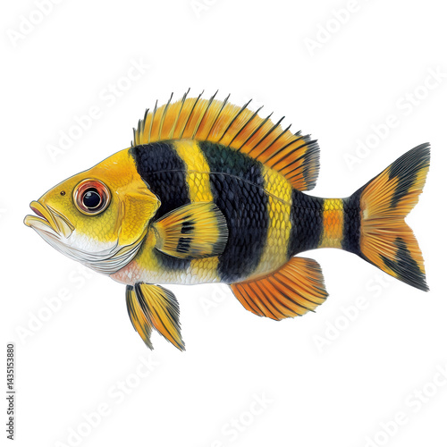a beautifully illustrated fish with vibrant yellow and black stripes. showcasing its detailed features. including bright eyes and fins this artwork emphasizes the beauty of marine life and can serve e