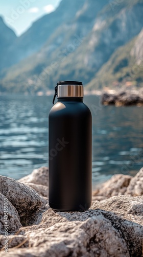 Black thermos on rocks by tranquil lake with mountains creating a serene outdoor scene perfect for adventure travel and hydration on a sunny day in nature