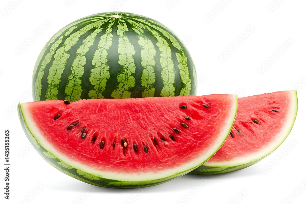 Fresh Watermelon Whole And Sliced Ripe Fruit Isolated On White Background Close Up Fresh Watermelon Whole And Sliced Ripe Fruit Isolated On White Background Close Up