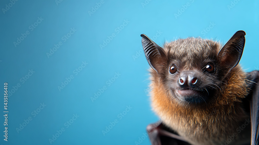 Fototapeta premium Close-up of a bat with expressive features against a blue background, showcasing its unique anatomy