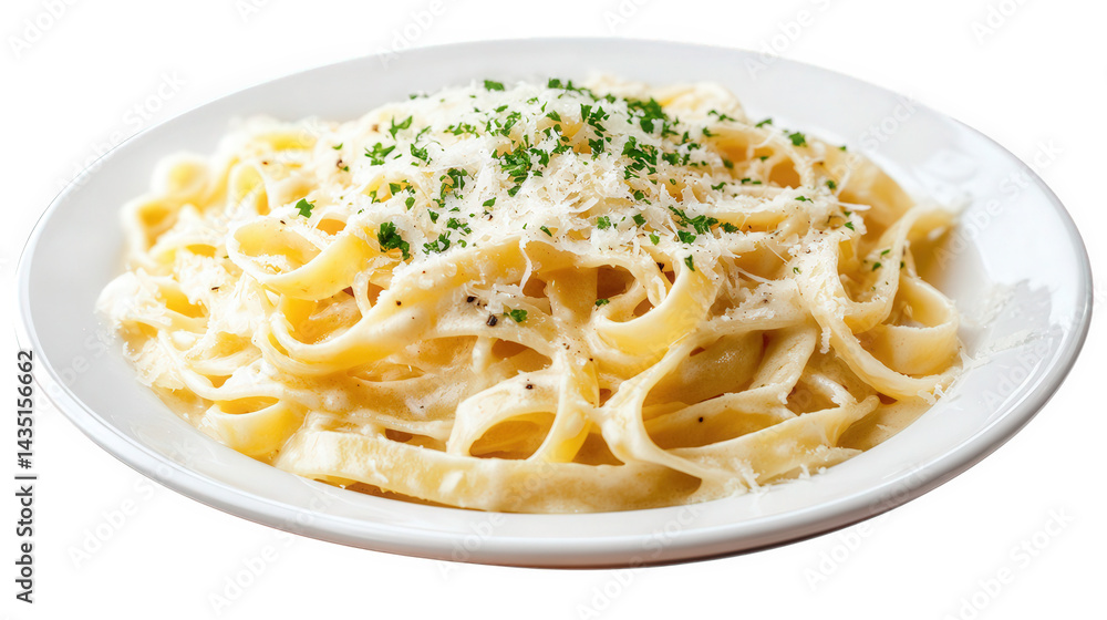 a plate of fettuccine pasta topped with grated cheese and herbs. showcasing a creamy sauce. inviting and delicious the dish is presented in a white plate. emphasizing its appetizing appearance. perfec a plate of fettuccine pasta topped with grated cheese and herbs. showcasing a creamy sauce. inviting and delicious the dish is presented in a white plate. emphasizing its appetizing appearance. perfec