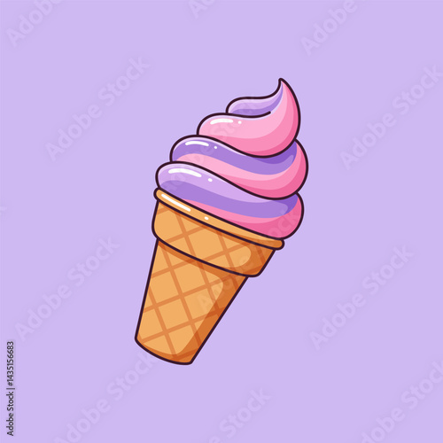Colorful ice cream cone vector flat illustration. Pink and purple cream with black outline