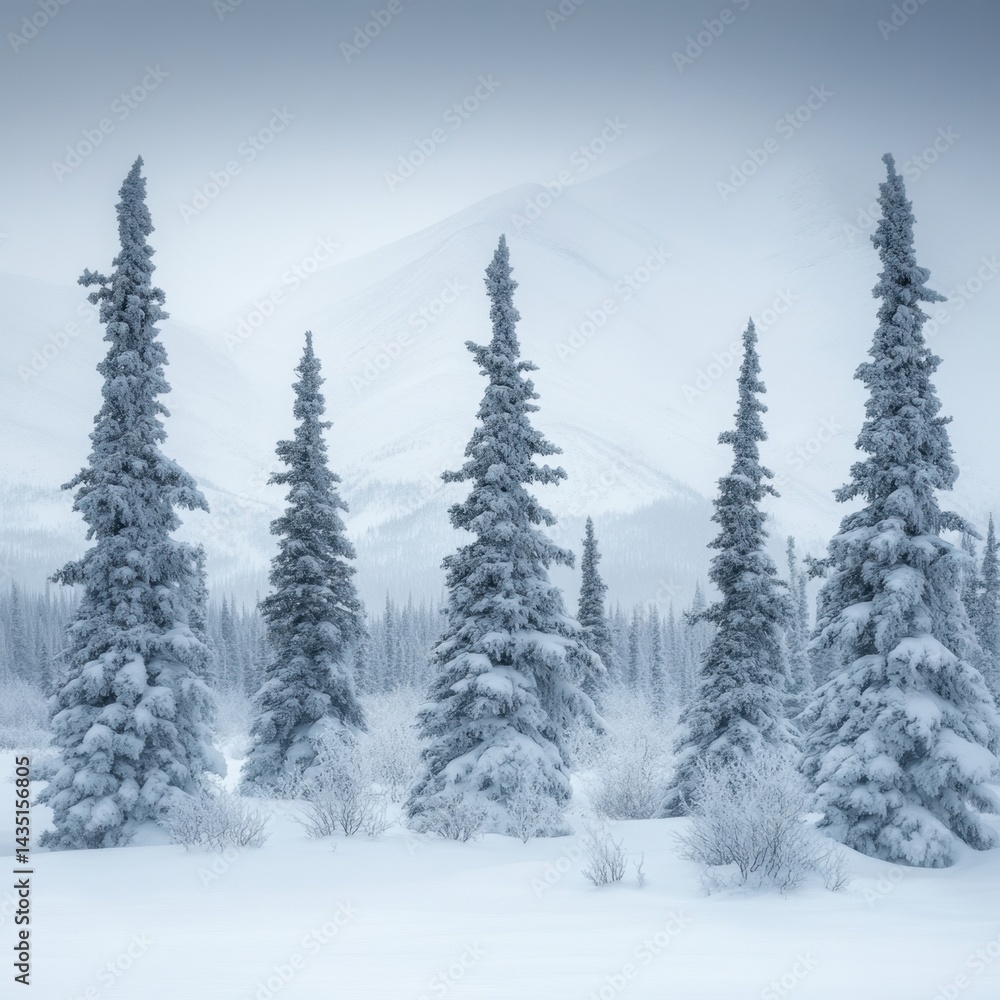 Naklejka premium Serene winter landscape featuring snow covered spruce trees against a backdrop of misty mountains creating a tranquil and peaceful atmosphere in a remote wilderness