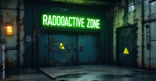 Neon radioactive zone sign glowing sickly green on rusted bunker entrance deep navy and bright silver symbolizing nuclear disaster