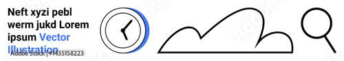 Clock with blue accent, outlined cloud, and magnifying glass icons. Ideal for concepts thumbs up time management, technology, search, innovation, productivity, abstract visuals simple landing page